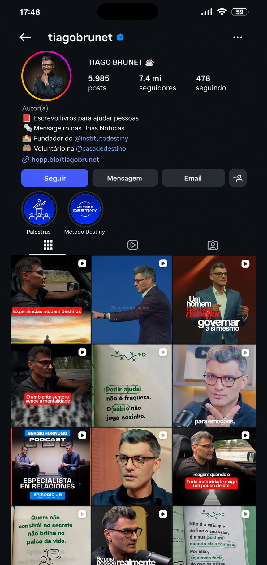 Perfil e conteúdos de Tiago Brunet no Instagram em uma tela de iPhone